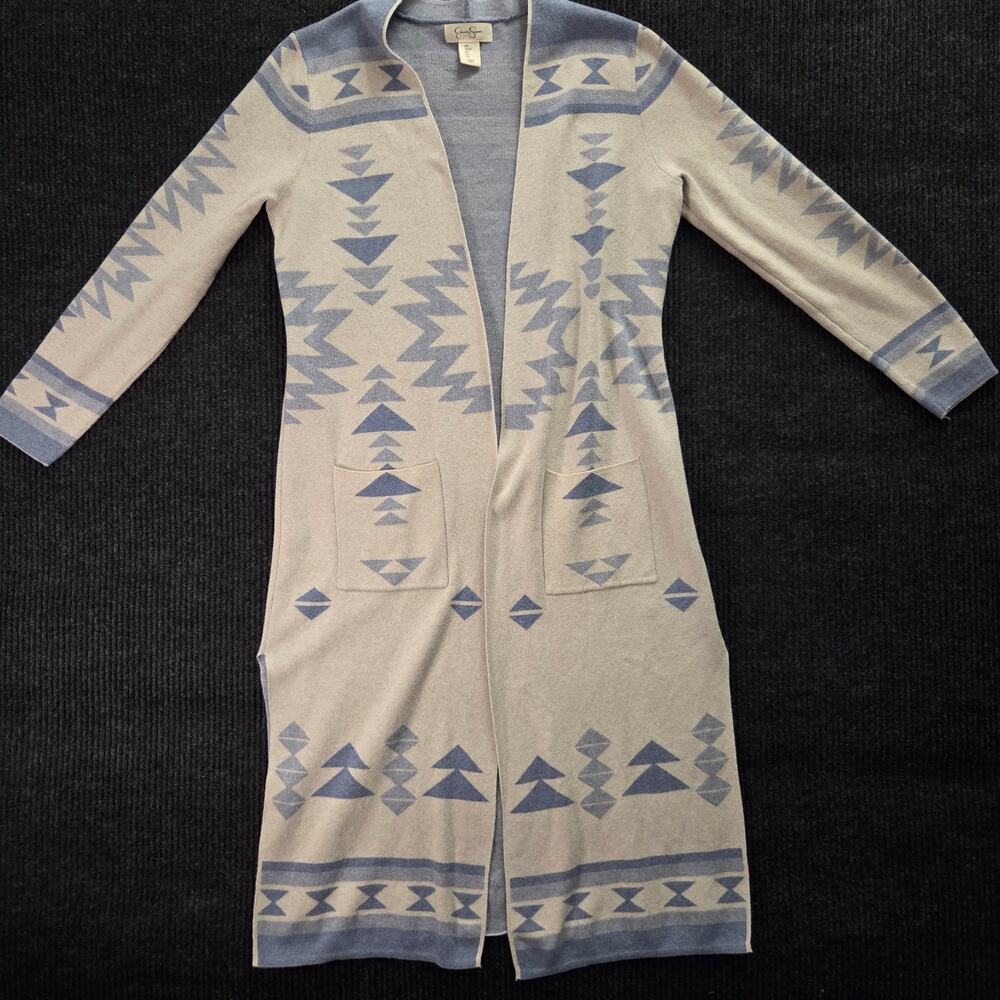 Jessica Simpson Blue Cream Long Cardigan Western Tribal Print Large 100% Cotton